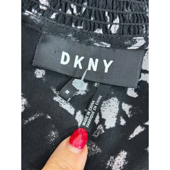 DKNY Blouse M Black White Speckled Lace Trim Long Sleeves Ruffle Neck Ties Sheer - Picture 5 of 16